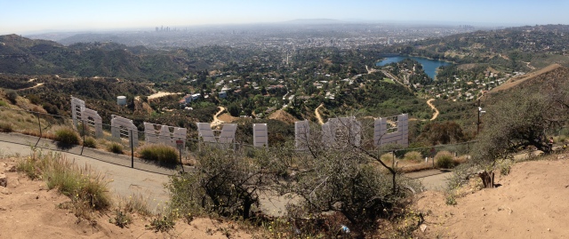 Panoramic view of smoggy LA from behind Hollywood sign